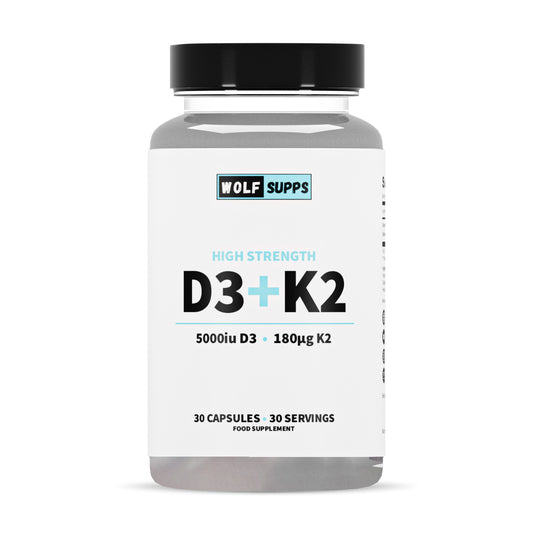 Supplement bottle labeled 'Wolf Supps D3+K2 30 Servings' on a white background