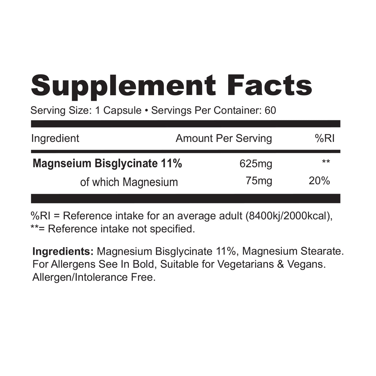 Supplement facts label for wolf supps magnesium bisglycinate supplement on a white background