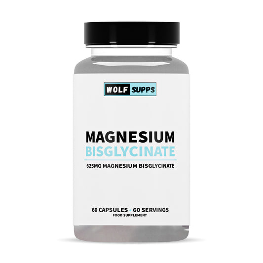 Supplement bottle labeled 'Magnesium Bisglycinate - 60 servings' by Wolf Supps on a white background