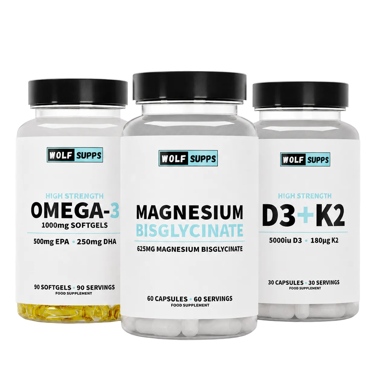 Three Wolf Supps supplement bottles on a light gray background: Omega-3 with yellow softgels, Magnesium Bisglycinate with white capsules, and D3+K2 with white capsules.