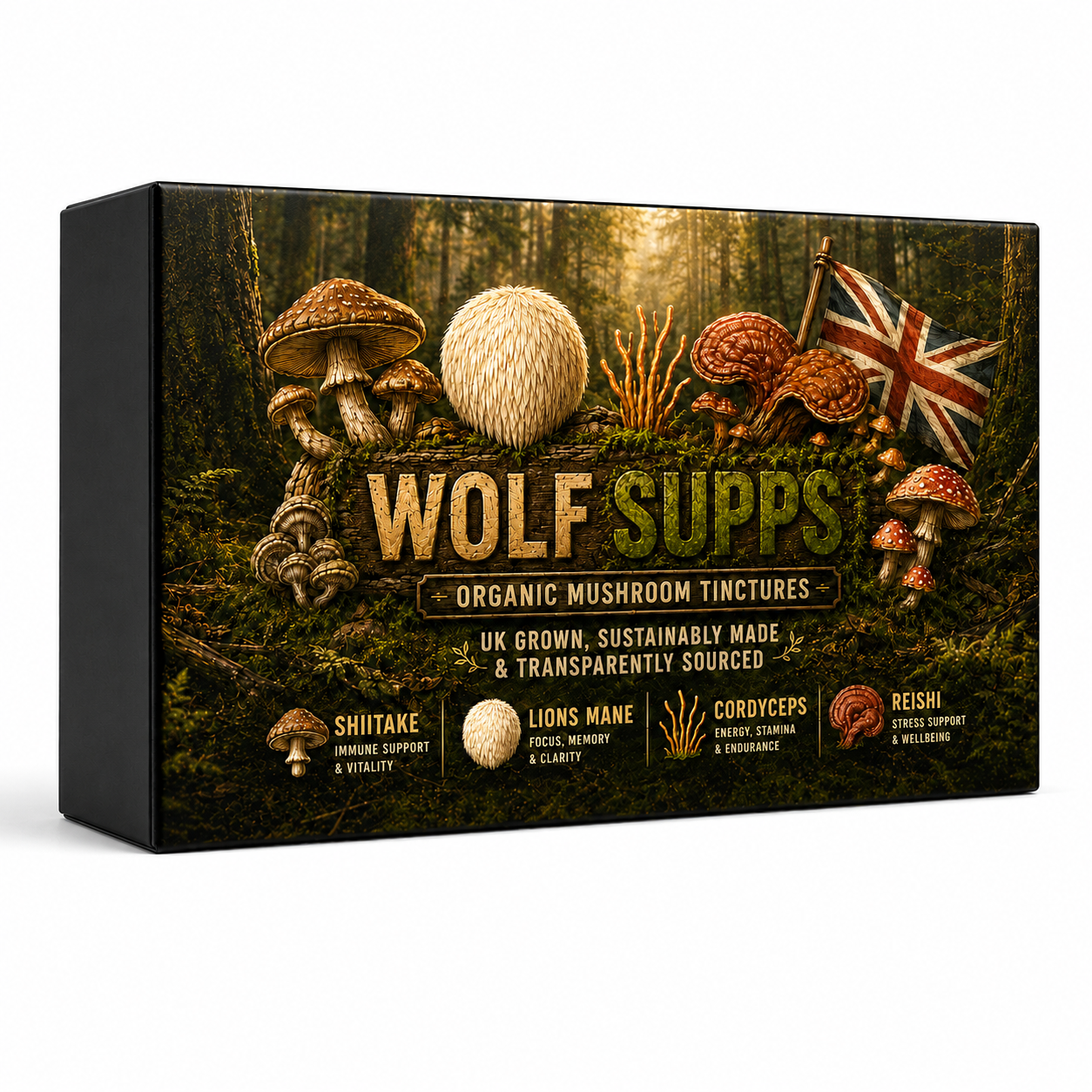 A boxed product labeled WOLF SUPPS Organic Mushroom Tinctures, shown at a slight angle on a plain white background. The box front features a dark forest illustration with mushrooms, a large mushroom cap, a white mushroom ball, dried plant elements, and a small Union Jack flag.