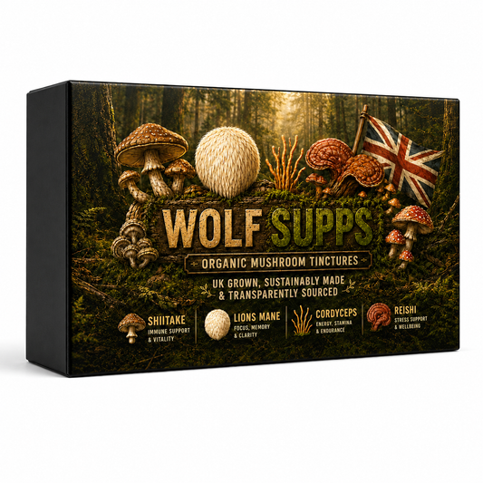 A boxed product labeled WOLF SUPPS Organic Mushroom Tinctures, shown at a slight angle on a plain white background. The box front features a dark forest illustration with mushrooms, a large mushroom cap, a white mushroom ball, dried plant elements, and a small Union Jack flag.