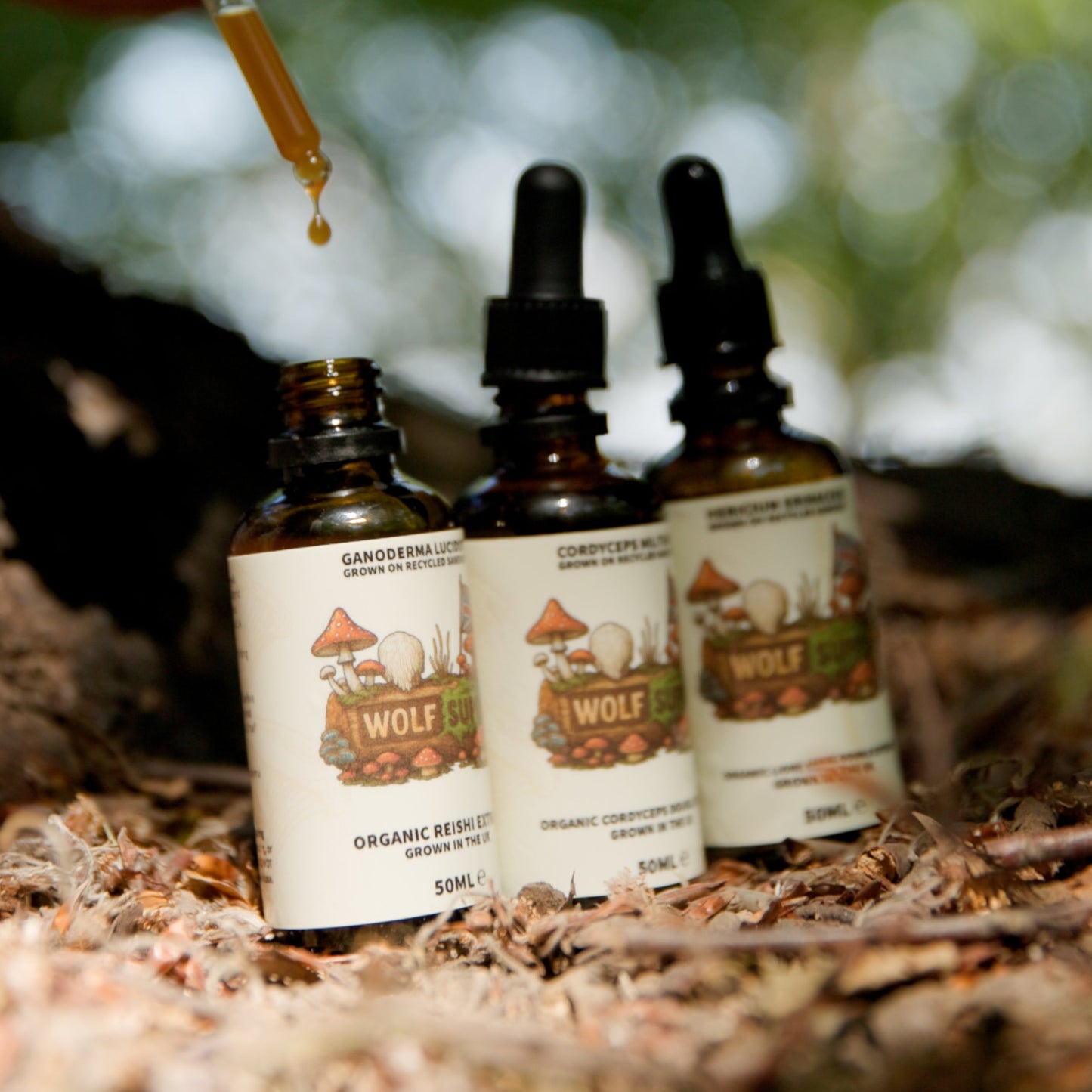 Three amber glass dropper bottles labeled 'Twelve Wolf Organic Resveratrol' sit on a forest floor, with a hand holding a glass dropper above one bottle in an outdoor natural setting.