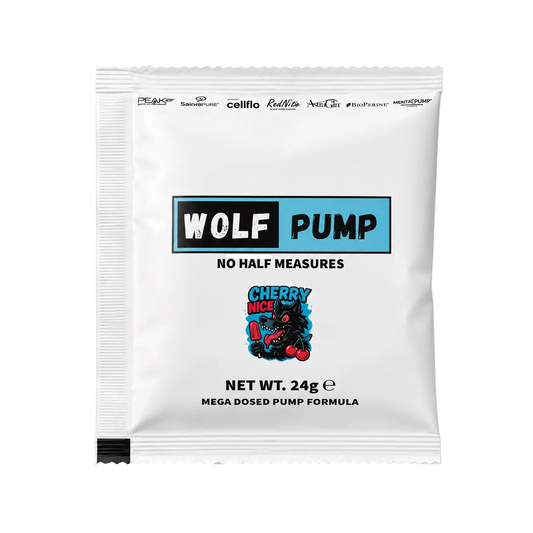 A single white Wolf Pump product packet for Cherry Nice, featuring a black and blue logo and text, photographed on a clean white background with a subtle reflection.