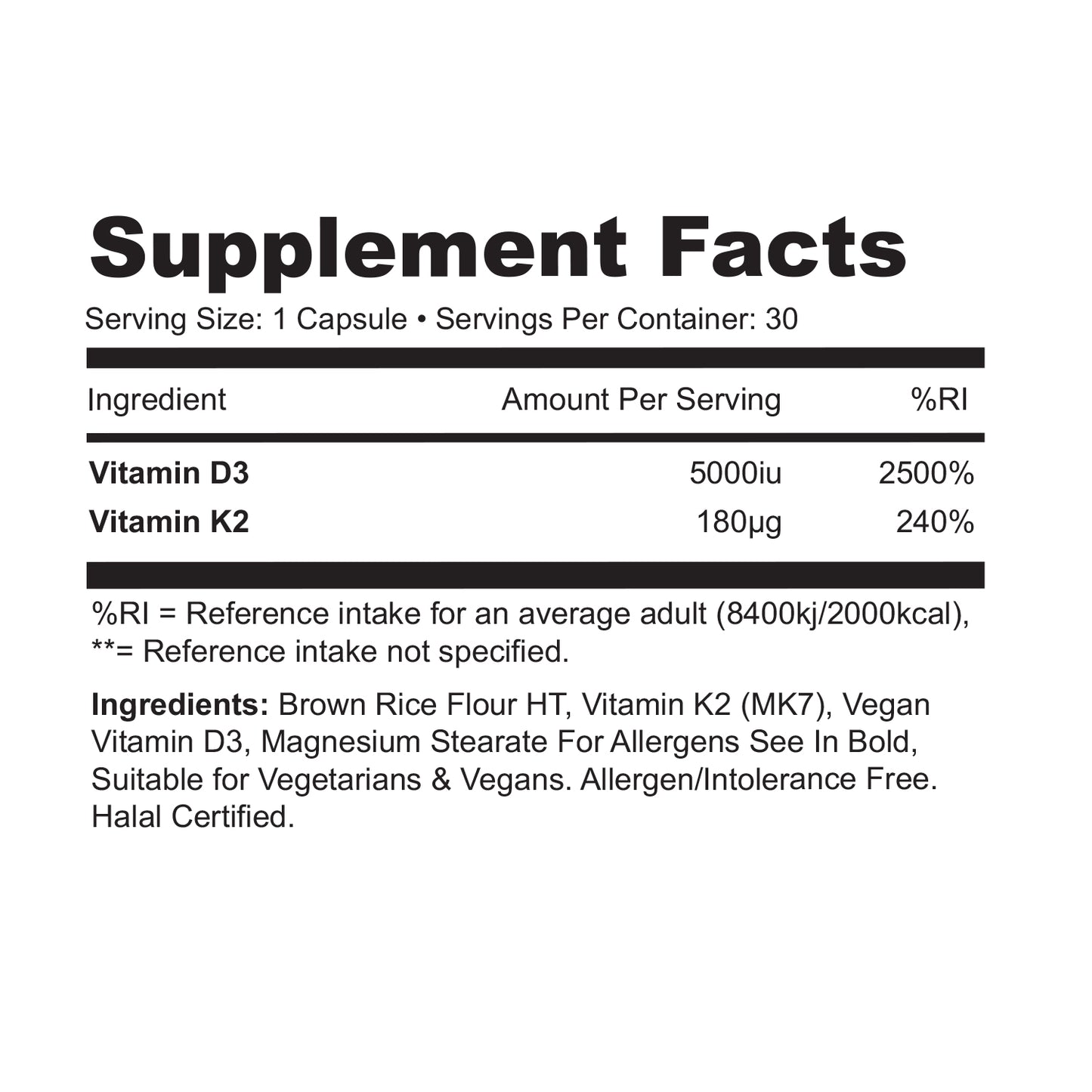 Supplement facts label for wolf supps Vitamin D3 and Vitamin K2 on a white background