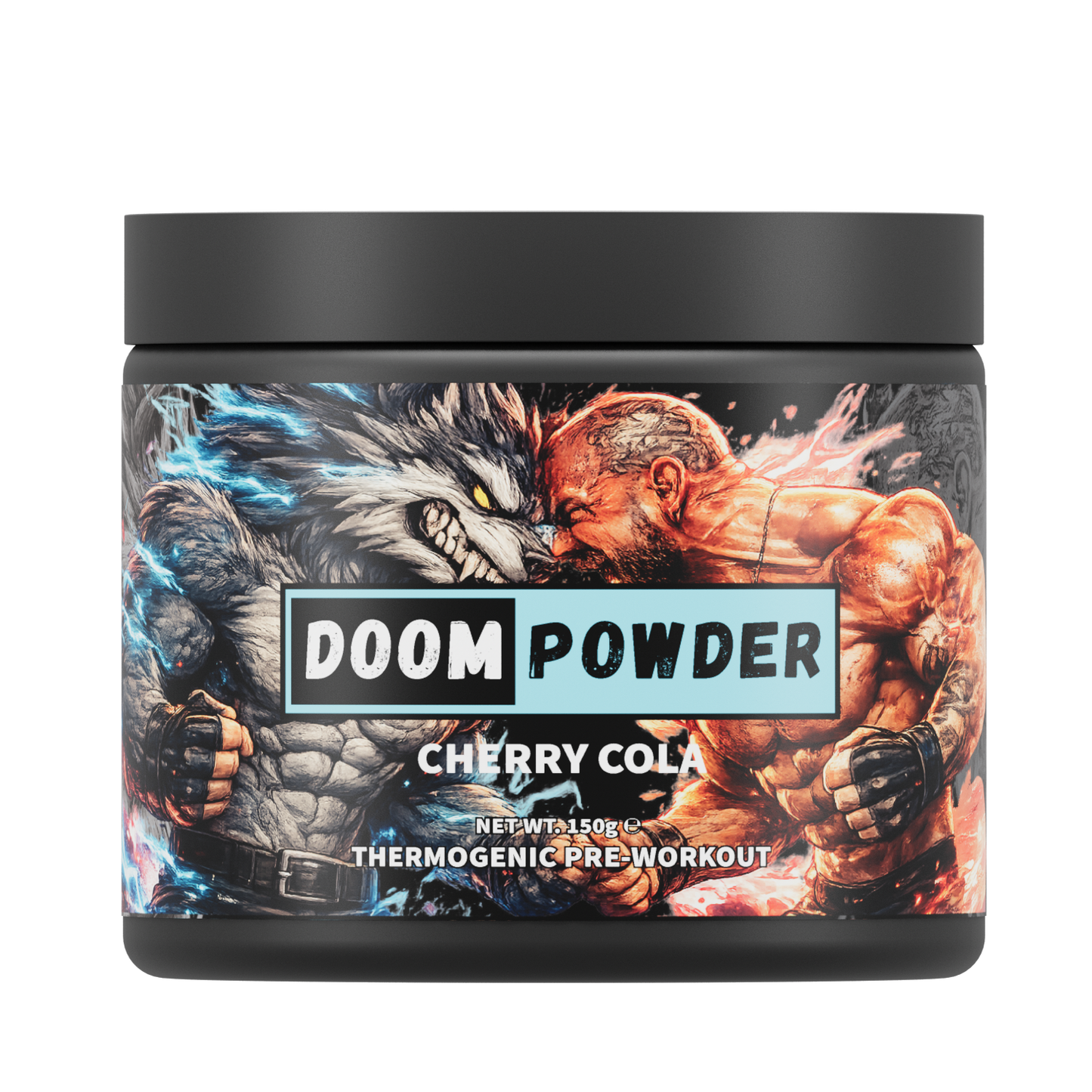 Doom Powder thermogenic pre-workout container with warrior design on a white background
