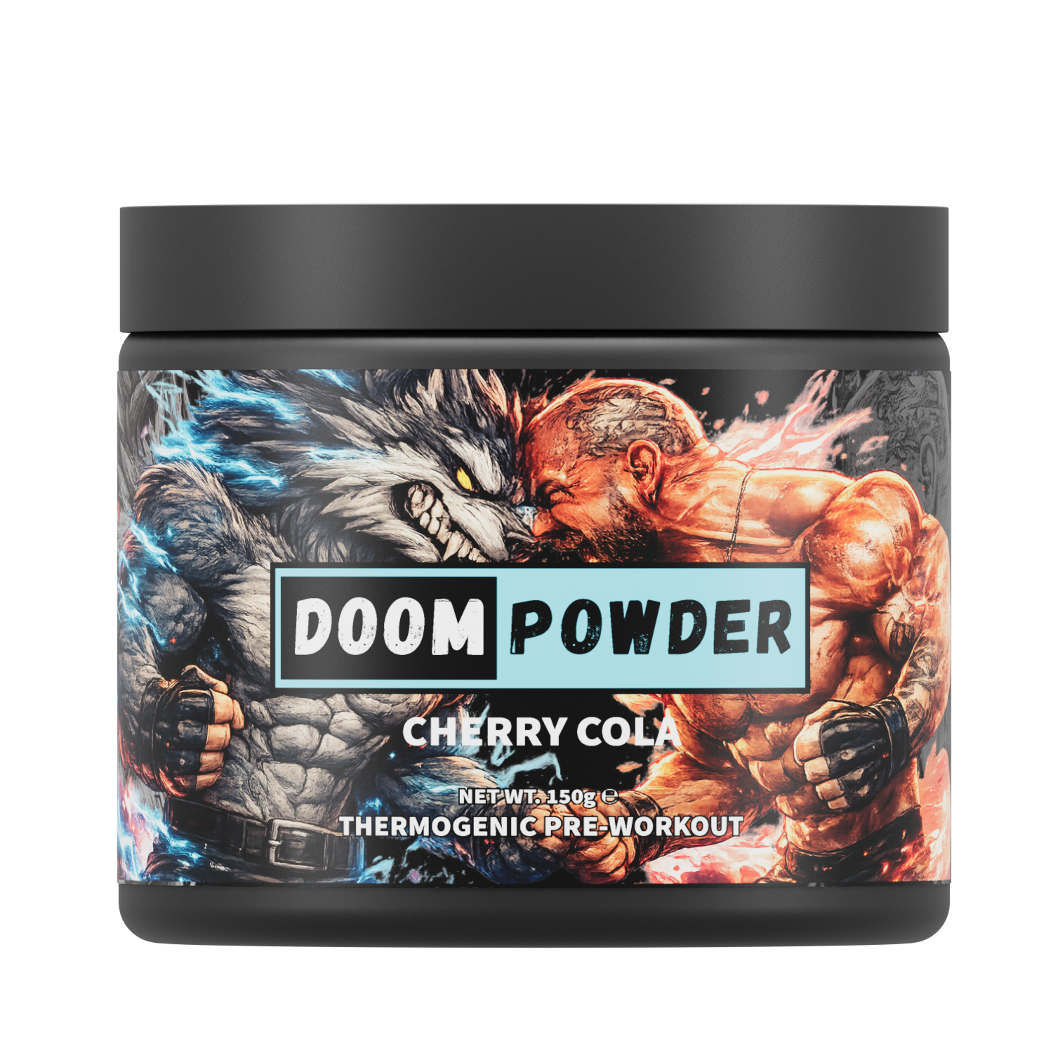 Doom Powder thermogenic pre-workout container with warrior design on a white background