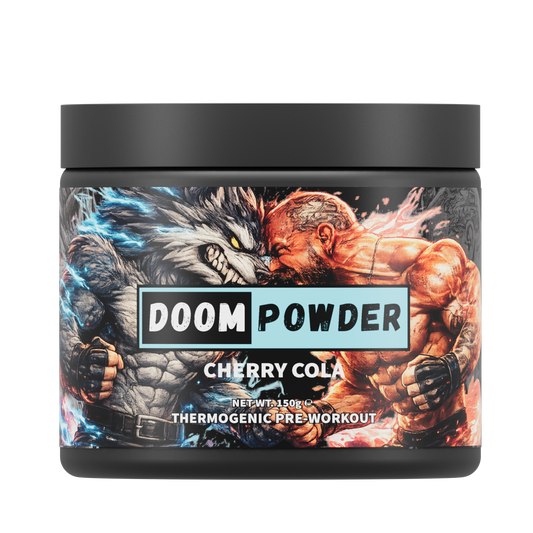 Doom Powder thermogenic pre-workout container with warrior design on a white background