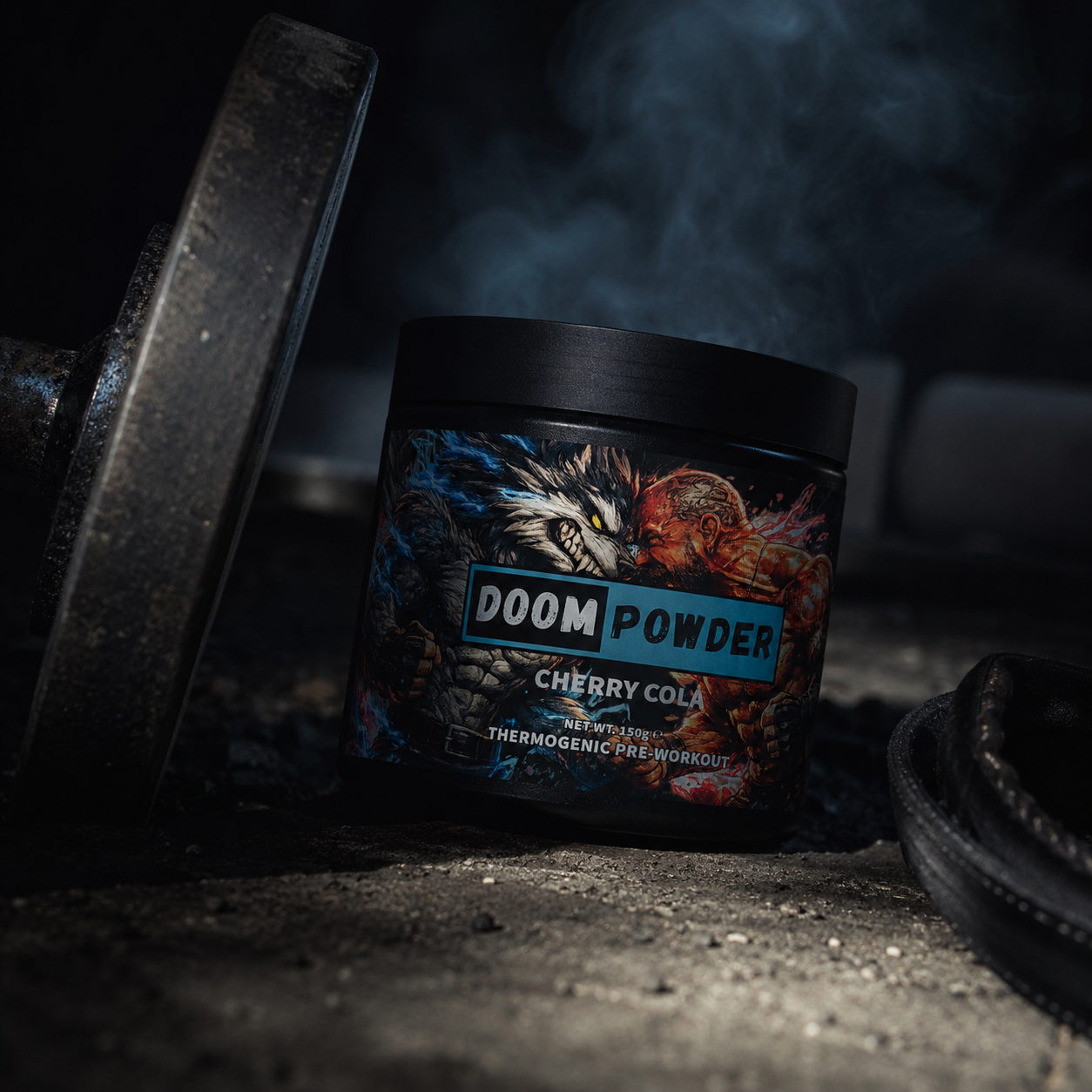 DOOM POWDER Cherry Cola supplement container with a dark background