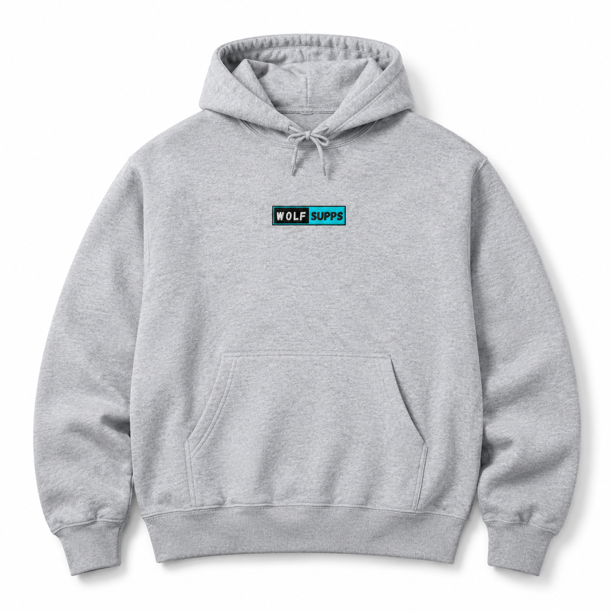 A light gray heather pullover hoodie with a small rectangular chest logo that reads 'WOLF SUPPS' in white text on a teal and black background. The hoodie features a drawstring hood, a front kangaroo pocket, and ribbed cuffs and hem, shown against a plain white background.