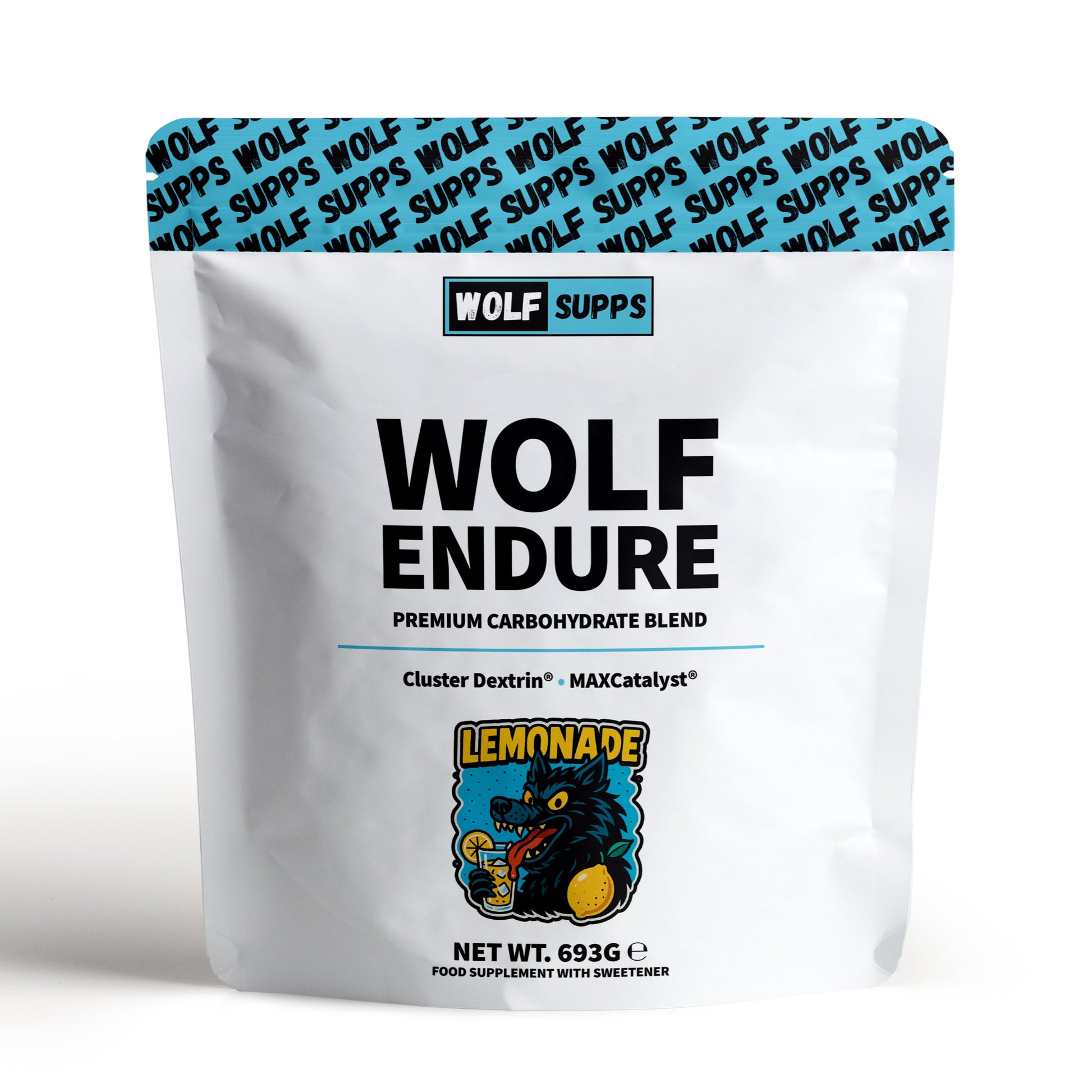 Wolf Supps Wolf Endure Lemonade flavor supplement package on a white background