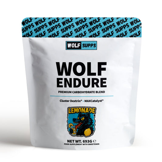 Wolf Supps Wolf Endure Lemonade flavor supplement package on a white background