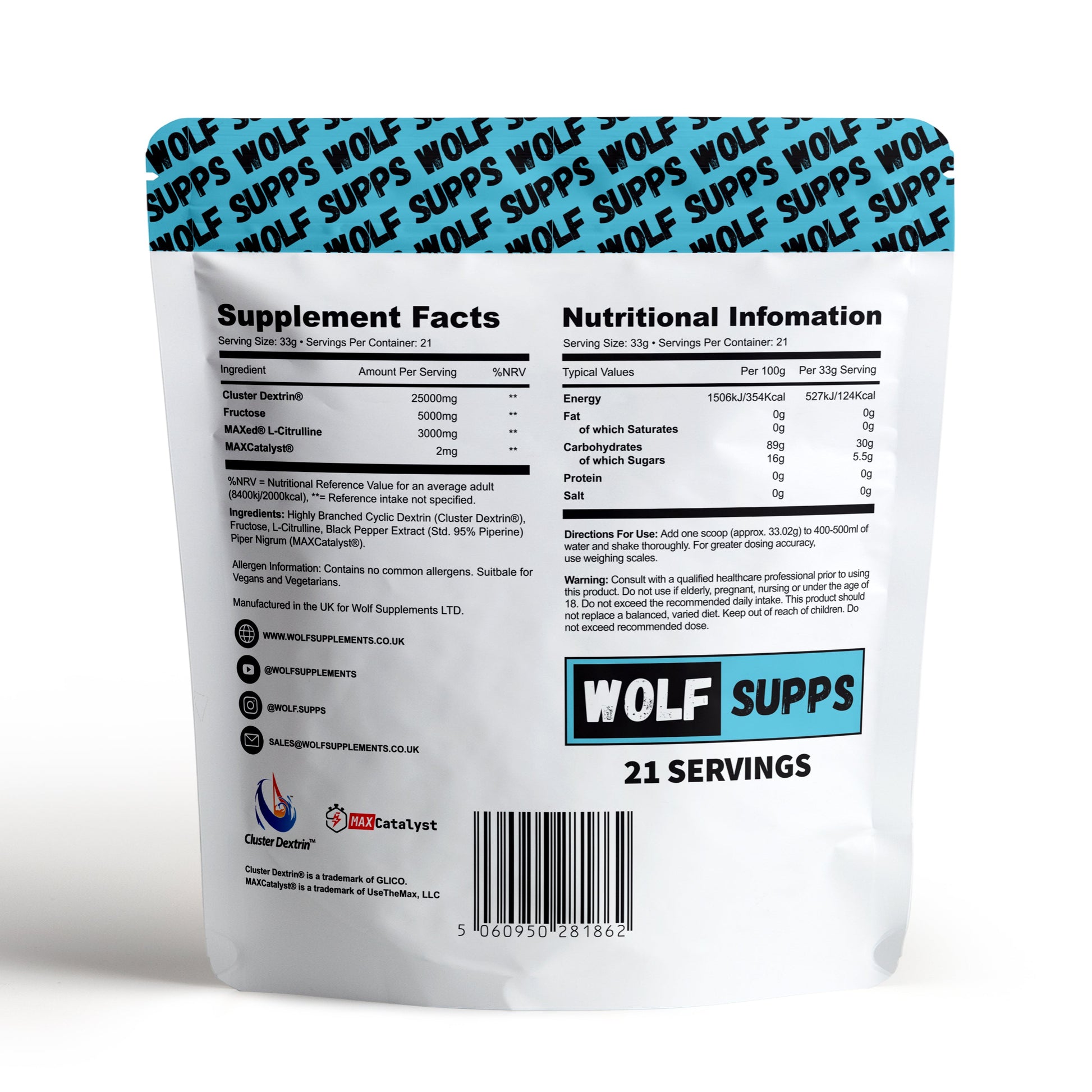 Back view of a supplement package with 'Wolf Supps' branding on a white background