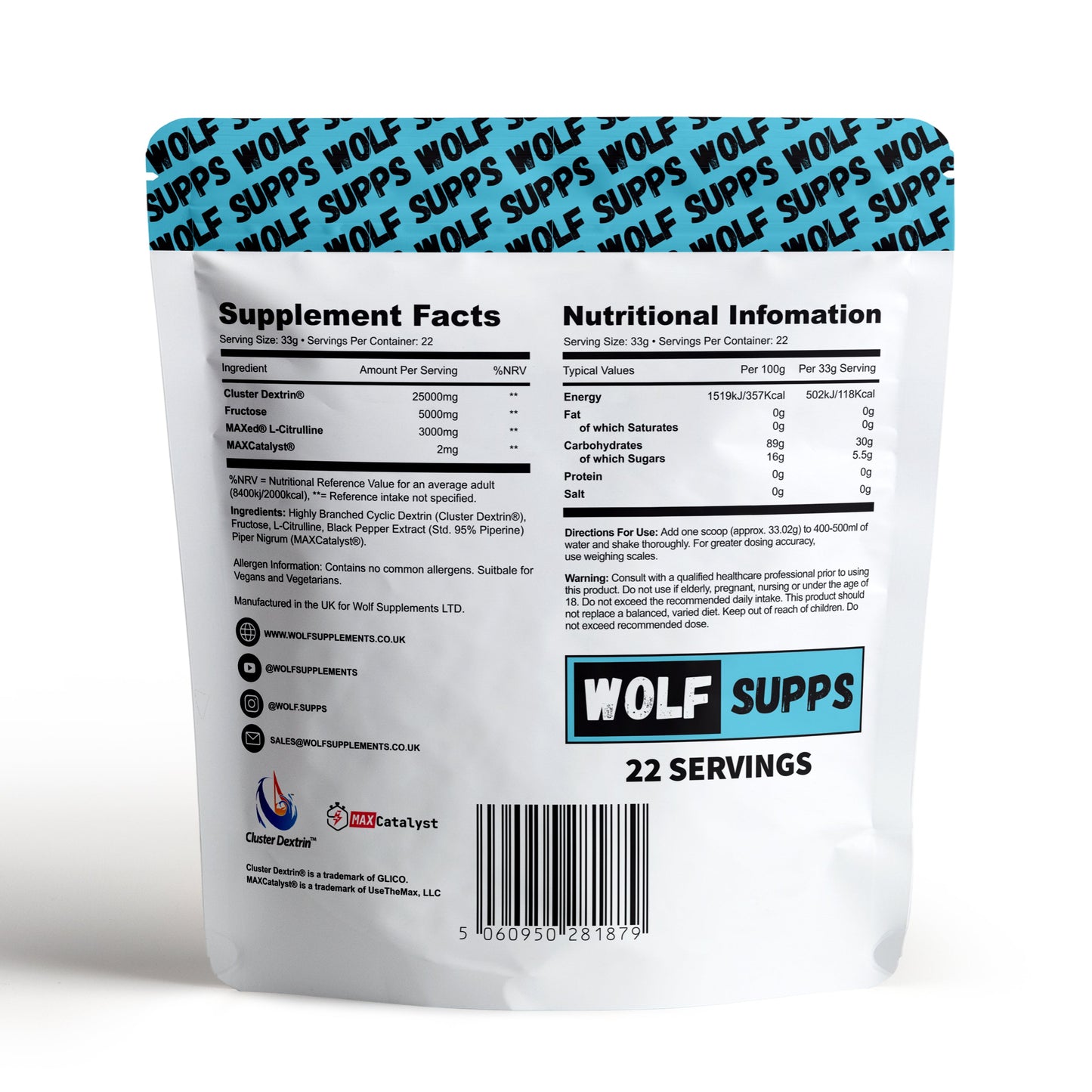 Supplement package and ingredients panel with 'Wolf Supps' branding on a white background
