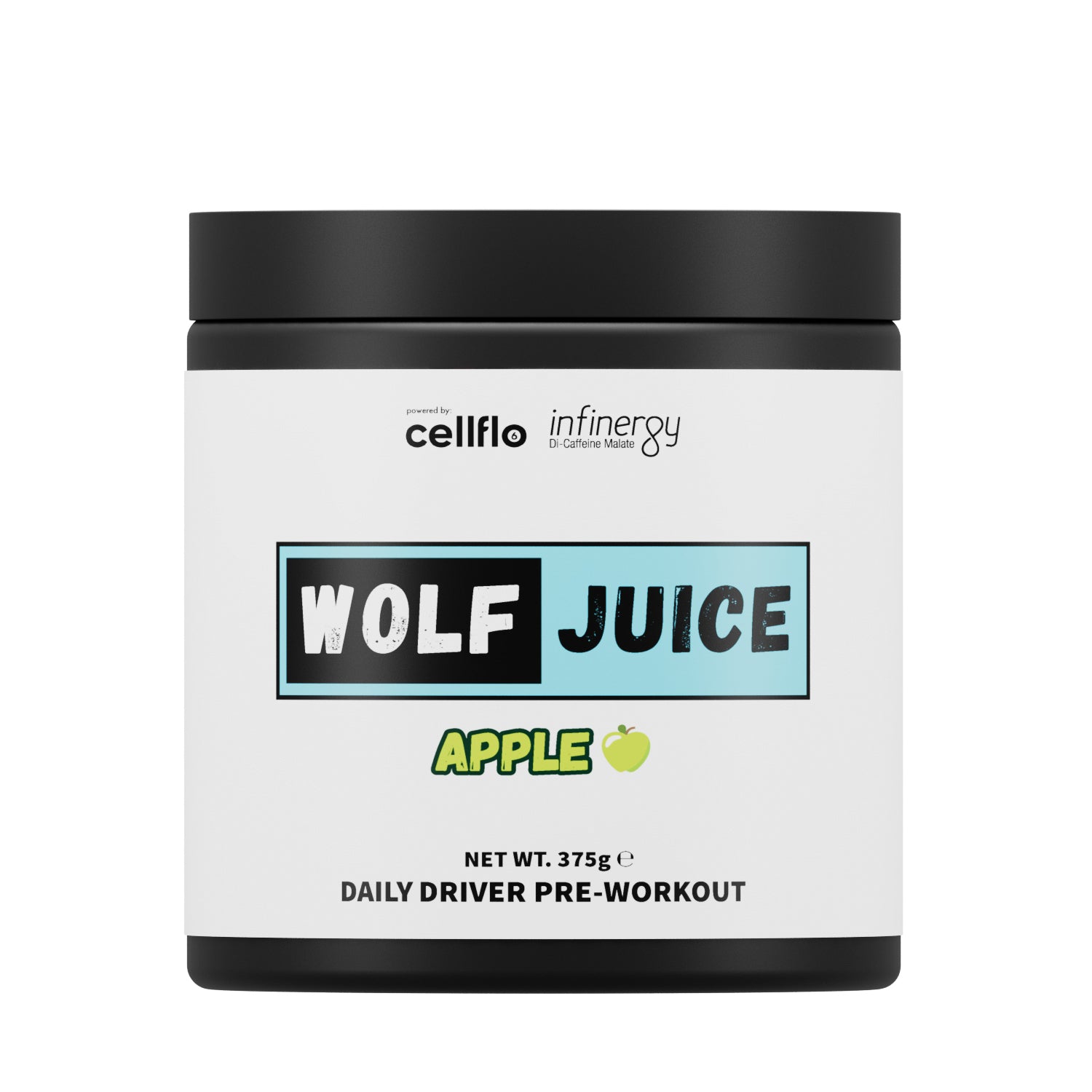 Wolf Juice pre-workout supplement container labeled 'Wolf Juice Apple' containing Cellflo6 Infinergy patents on a white background.