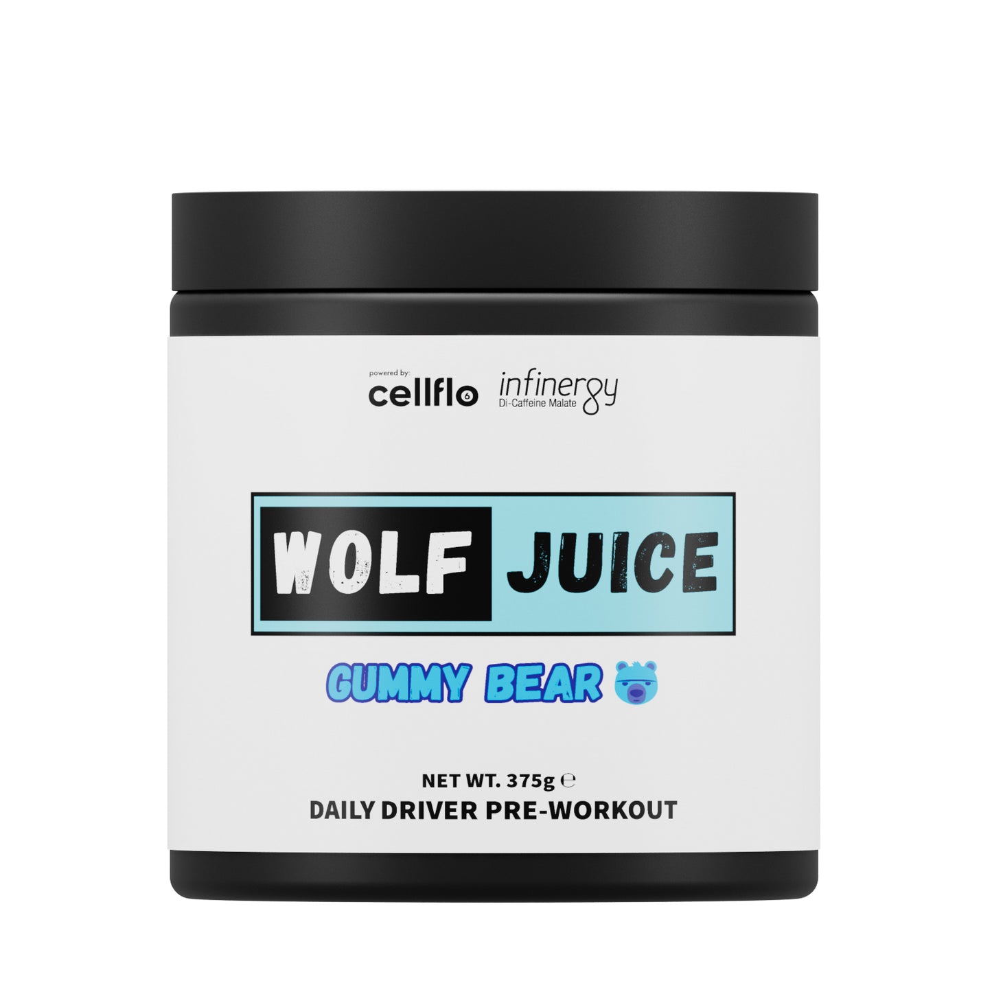 Wolf Juice pre-workout supplement container labeled 'Wolf Juice Gummy Bear' containing Cellflo6 Infinergy patents on a white background.
