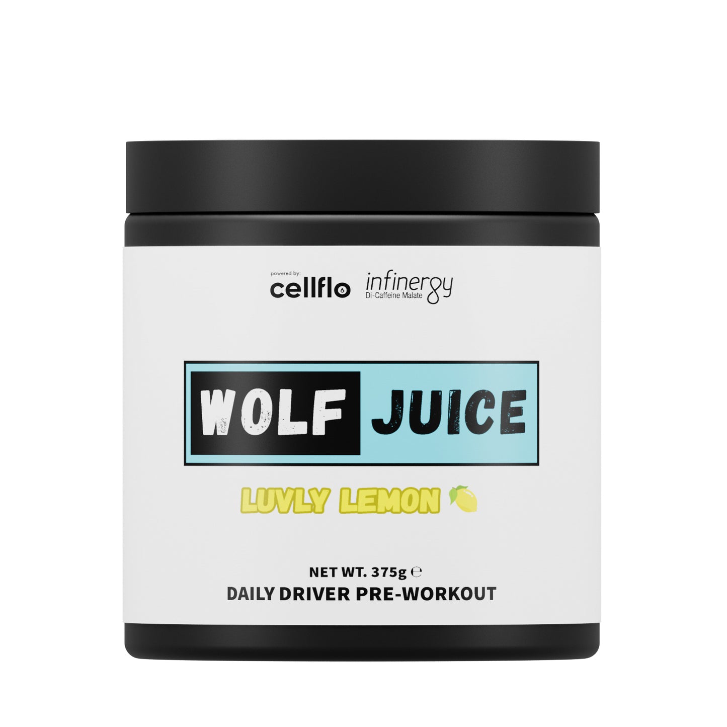 Wolf Juice pre-workout supplement container labeled 'Wolf Juice Luvly Lemon' containing Cellflo6 Infinergy patents on a white background.
