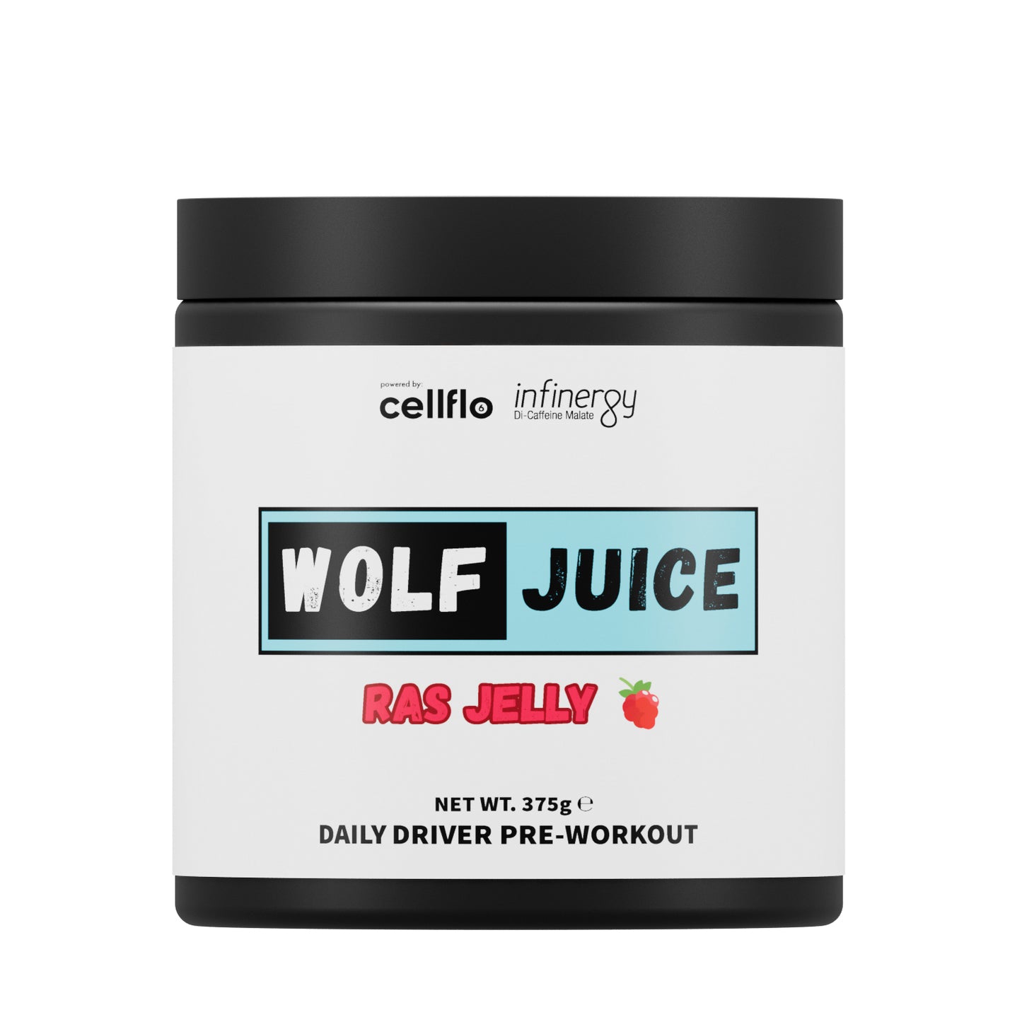 Wolf Juice pre-workout supplement container labeled 'Wolf Juice Ras Jelly' containing Cellflo6 Infinergy patents on a white background.