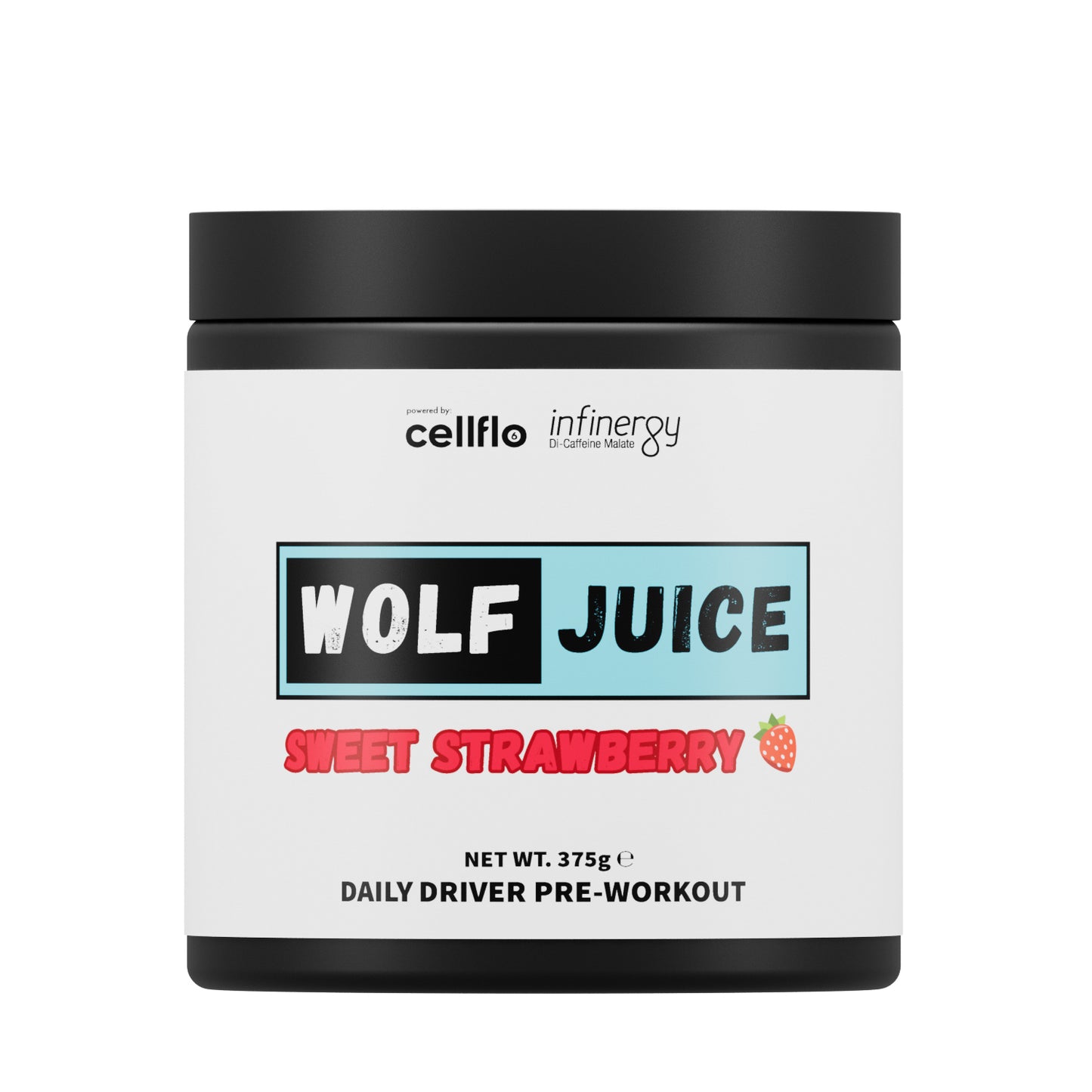 Wolf Juice pre-workout supplement container labeled 'Wolf Juice Sweet Strawberry' containing Cellflo6 Infinergy patents on a white background.