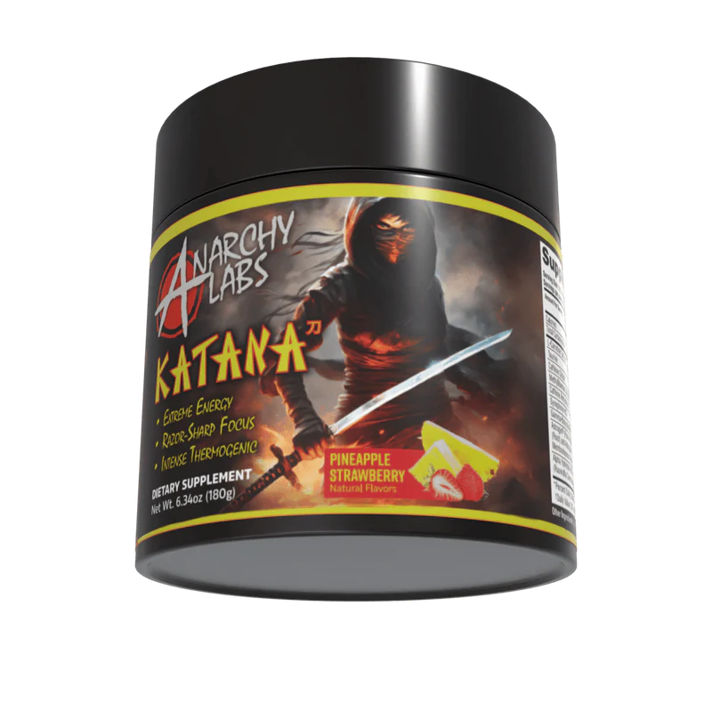 Anarchy Labs Katana supplement container with a warrior design on a white background