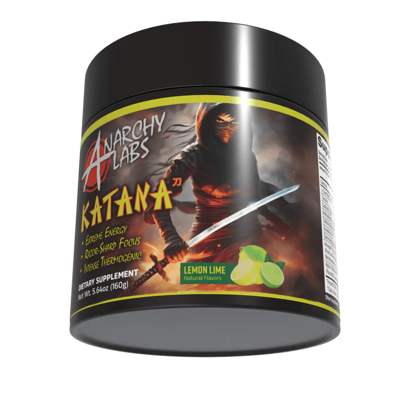 Anarchy Labs Katana supplement container with a warrior design on a white background