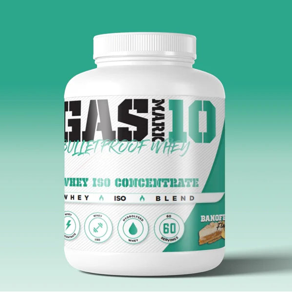 A 2kg tub of Gas Mark 10 Bulletproof Whey protein powder in banoffee pie flavour.