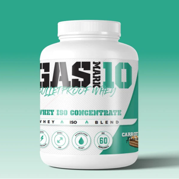 A 2kg tub of Gas Mark 10 Bulletproof Whey protein powder in carrot cake flavour.