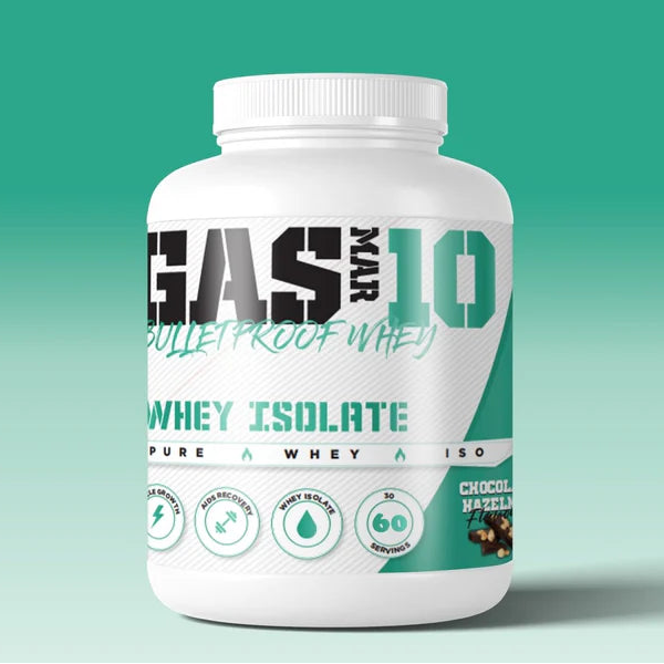 A 2kg tub of Gas Mark 10 Bulletproof Whey protein powder in chocolate hazelnut flavour.