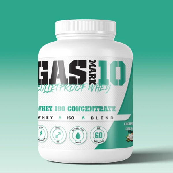 A 2kg tub of Gas Mark 10 Bulletproof Whey protein powder in coconut cream flavour.
