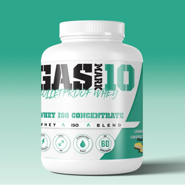 A 2kg tub of Gas Mark 10 Bulletproof Whey protein powder in Lemon Cheesecake Flavour.