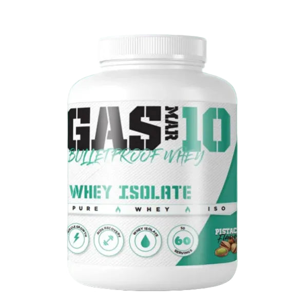 A 2kg tub of Gas Mark 10 Bulletproof Whey protein powder in pistachio flavour.