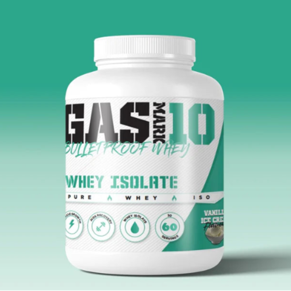 A 2kg tub of Gas Mark 10 Bulletproof Whey protein powder in vanilla ice cream flavour.