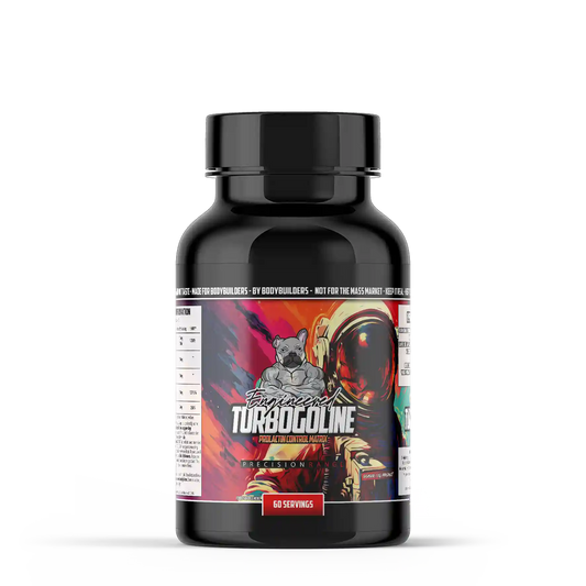 Supplement bottle of turbogoline by engineered muscle with colourful label featuring a bulldog illustration on a white background
