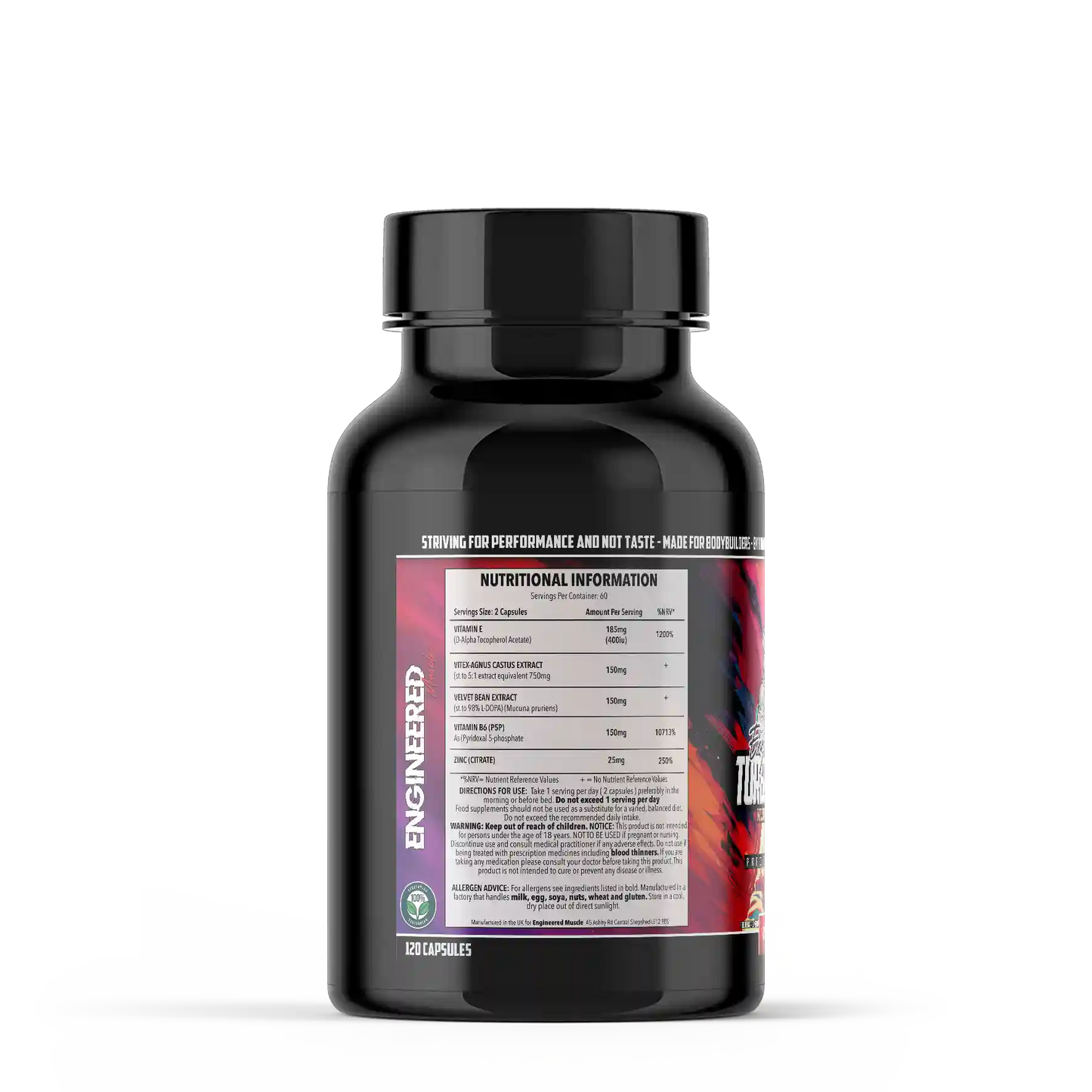 Engineered Muscle Turbogoline Black supplement bottle with nutritional information label on a white background