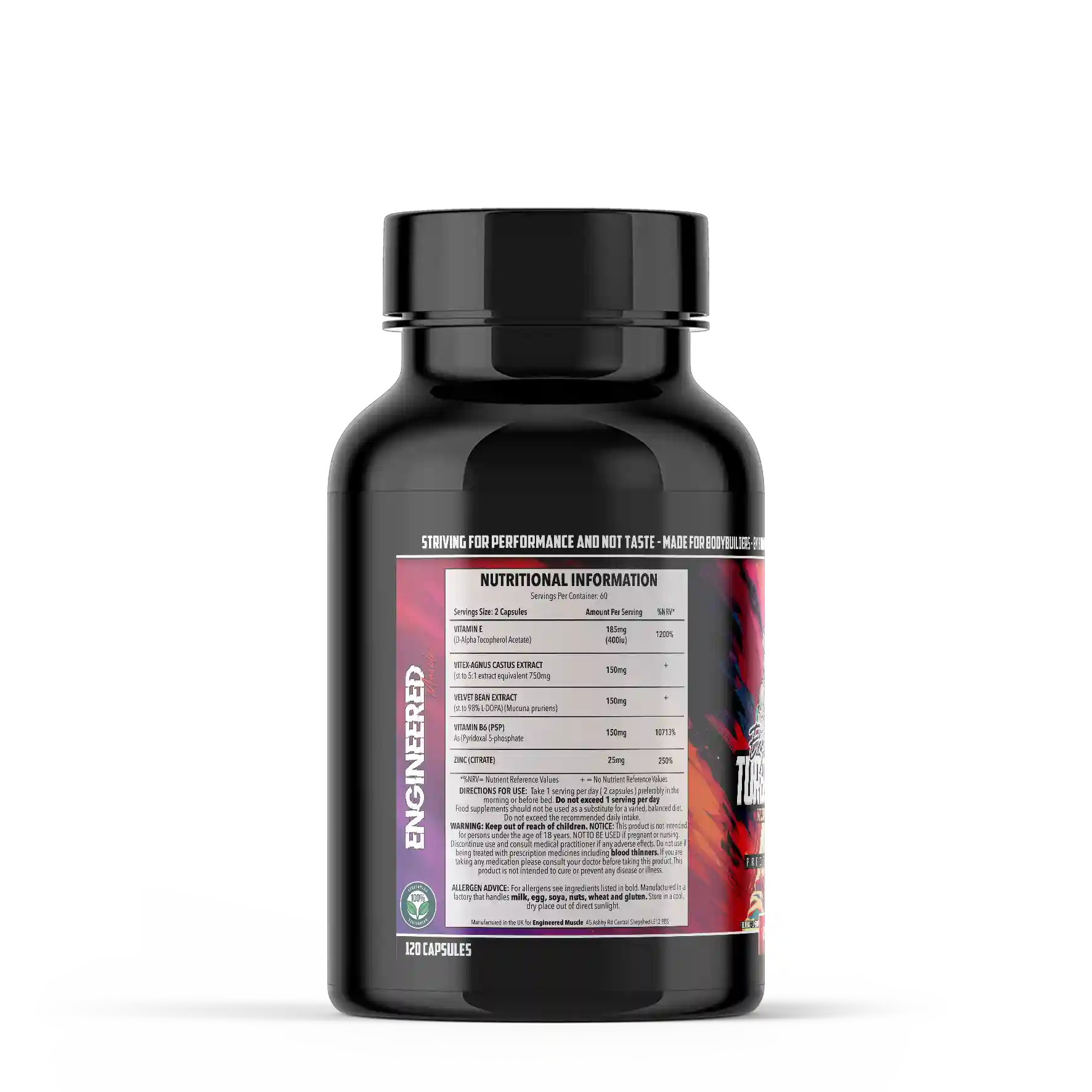 Engineered Muscle Turbogoline Black supplement bottle with nutritional information label on a white background