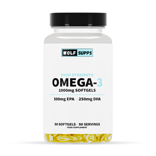 1000mg Omega-3 softgels supplement bottle containing 90 softgels with 'Wolf Supps' branding on a white background