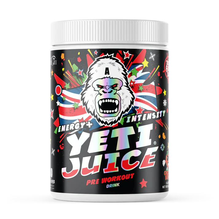 Yeti Juice pre-workout drink container in cherry bomb flavour with colourful design and gorilla logo
