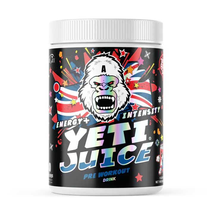 Yeti Juice pre-workout drink container in fizzy cola flavour with colourful design and gorilla logo