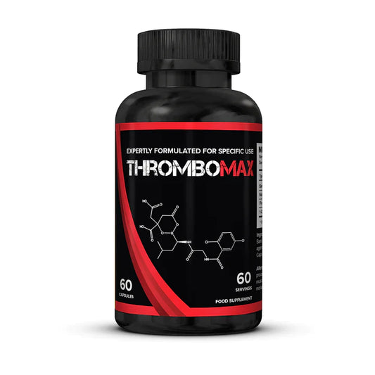 A black bottle of Strom Thrombomax food supplement with a black cap, featuring a black and red label with white text and a chemical structure diagram, set against a plain white background.