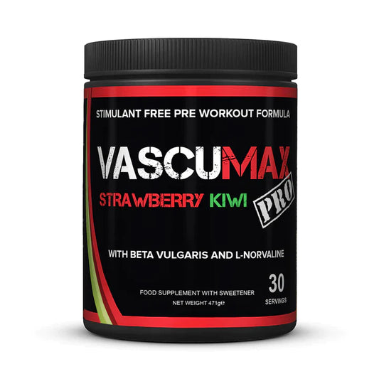 A black plastic tub of Vascumax Pro non stim pre workout supplement by Strom in Strawberry Kiwi flavour pre-workout on a white background.